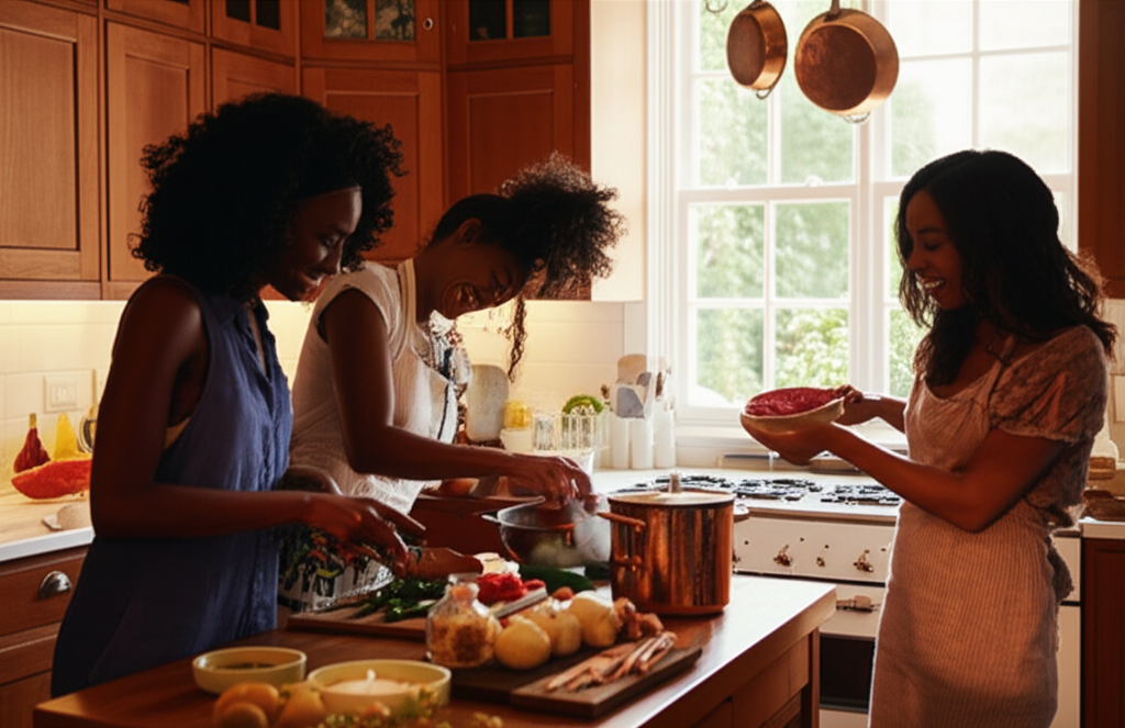 Women cooking together in the Flour Power community